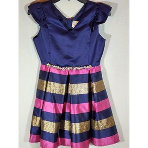 Rare Editions Navy Blue Dress With Metallic Gold And Plum Stripes. Size 14. NWOT